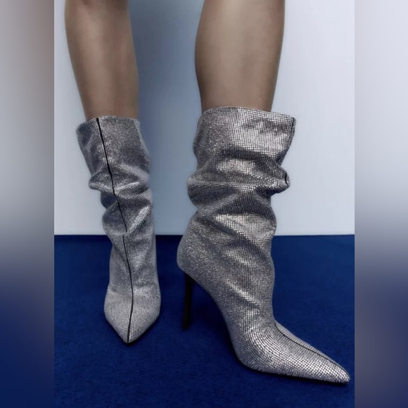 ZARA Silver Rhinestone Sparkly Boots Ankle Booties 8.5 39 - Picture 6 of 8
